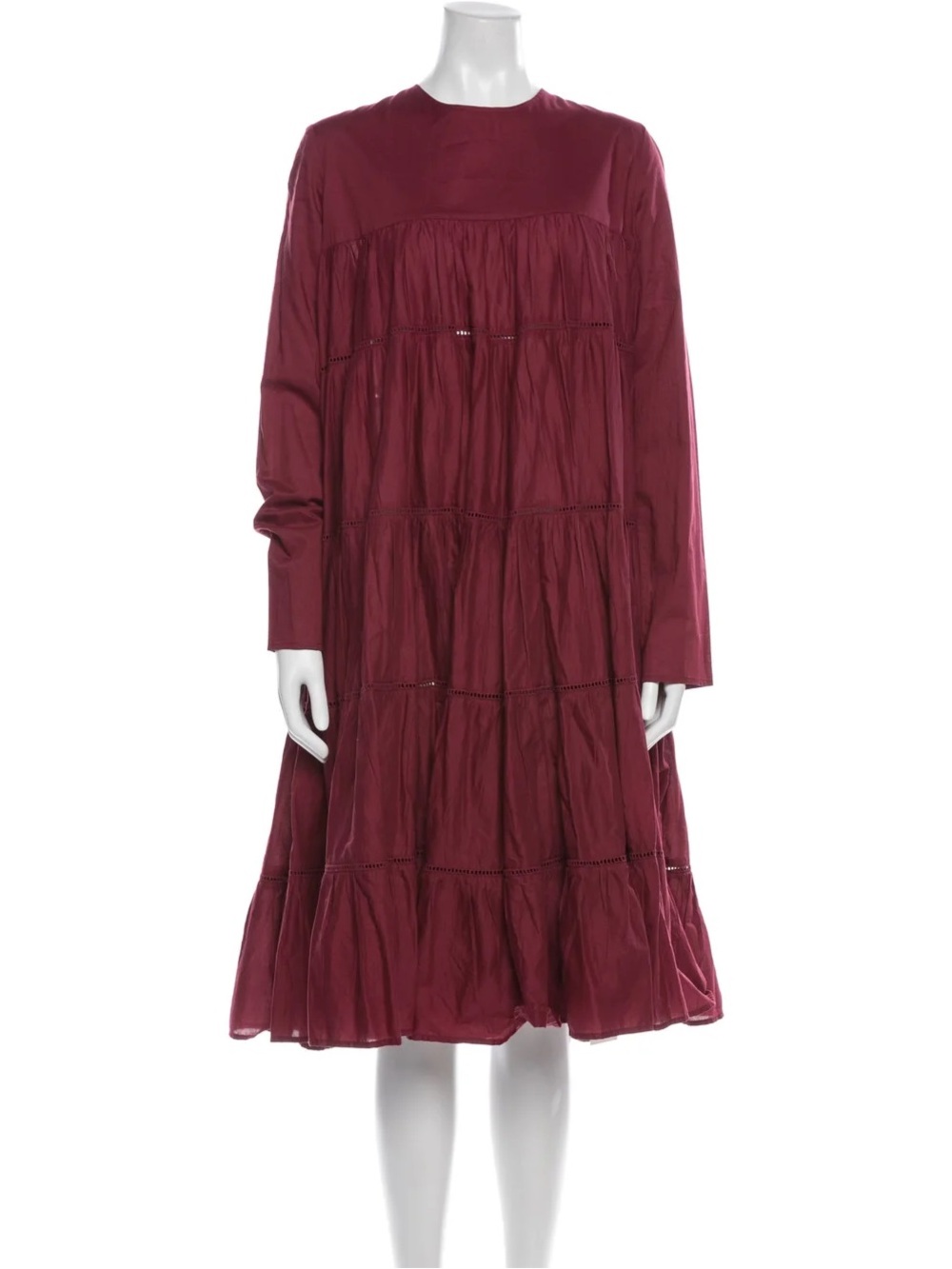 Long Sleeve Tiered Midi Dress in Deep Burgundy